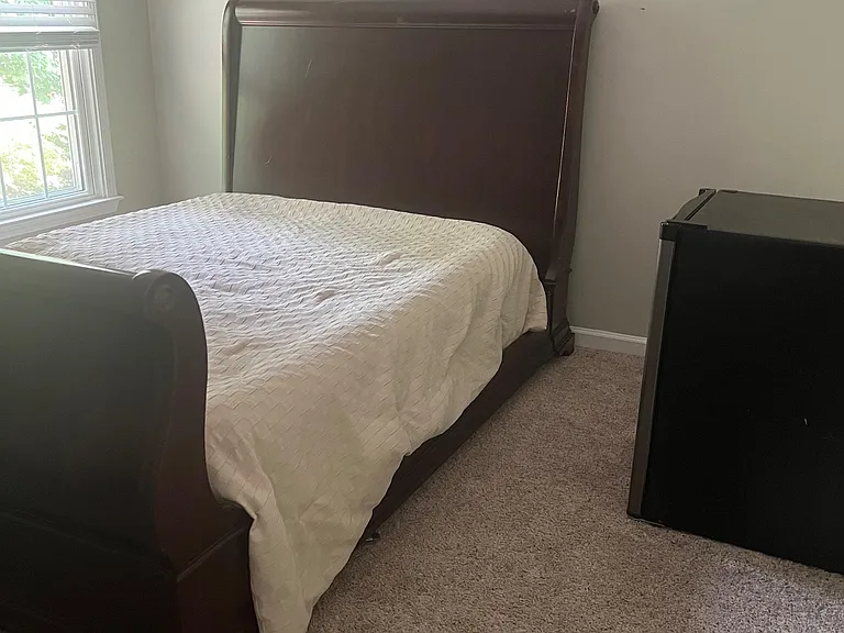 Carpeted bedroom featuring a sleigh bed, window with blinds for natural light, and space for a dresser or desk.