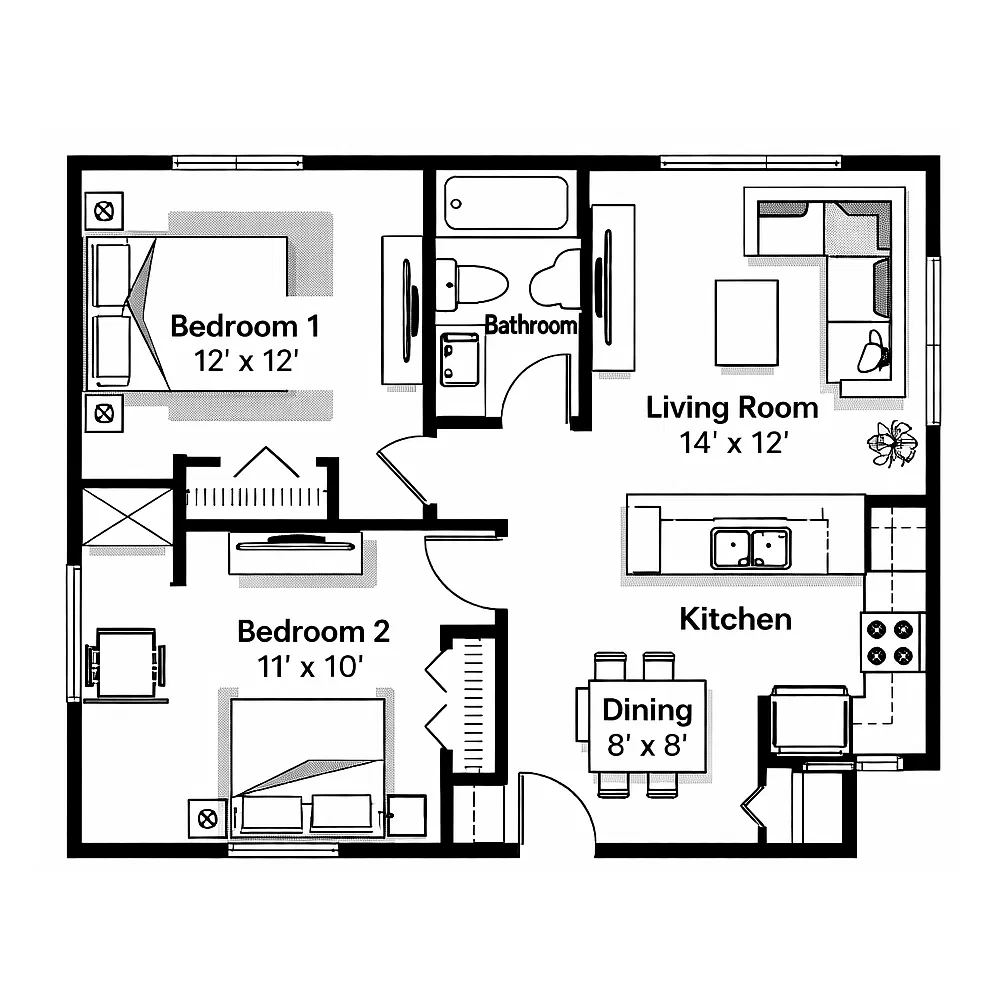 Floor plan 2 Bedroom 1 Bathroom