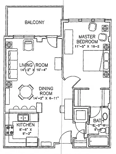 Floor plan 1 Bed 1 Bath C