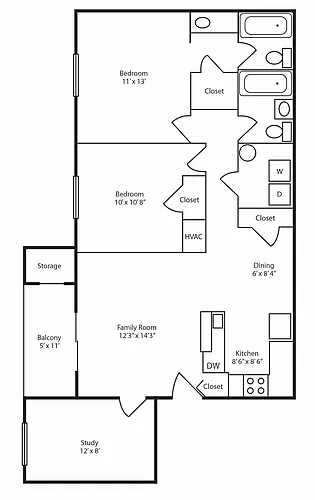 Floor plan 2 Bedroom 2 Bath Den