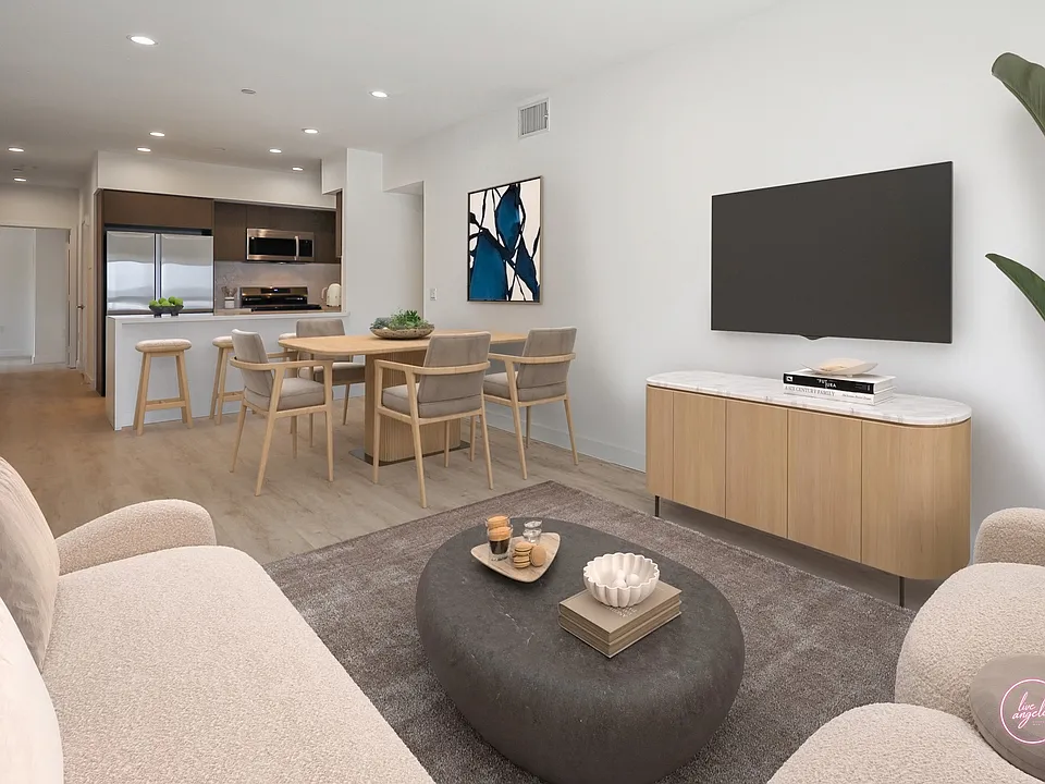 Kitchen, Dining, and Living Room with Recessed lighting and Vinyl Flooring - Eagle Floor Plan