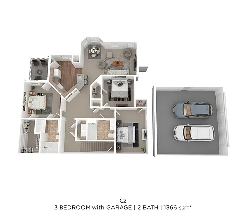 Floor plan Three Bed Two Bath w/Garage 1366 SqFt