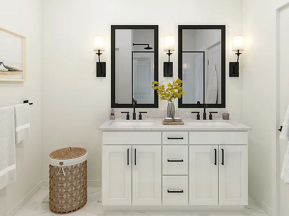Primary bath with dual sinks and matte black fixtures