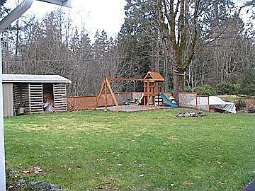 Playground, wood storage shed, back lawn