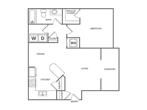 Floor plan One Bedroom One Bath (840 SF)