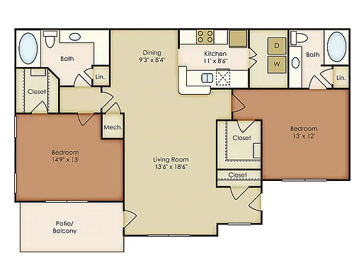 Floor plan 2 Bed, 2 Bath D Upgraded
