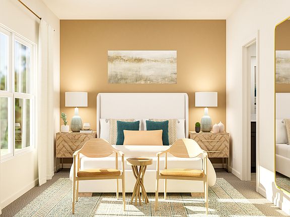 Rendering of the master bedroom showcasing oversized furniture along a bright accent wall.