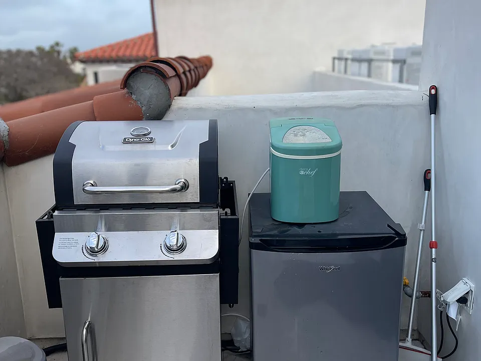 Patio BBQ and mini refrigerator