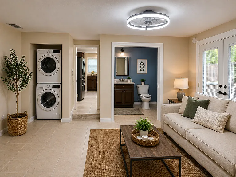 living space 2 with stackable W/D, bathroom