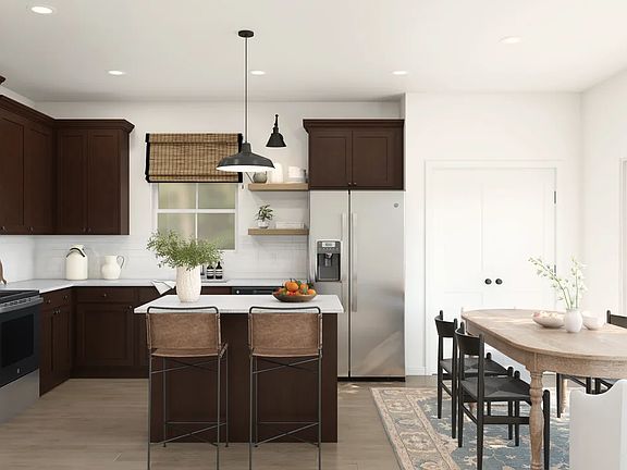 Kitchen with floating shelves and pendant lighting