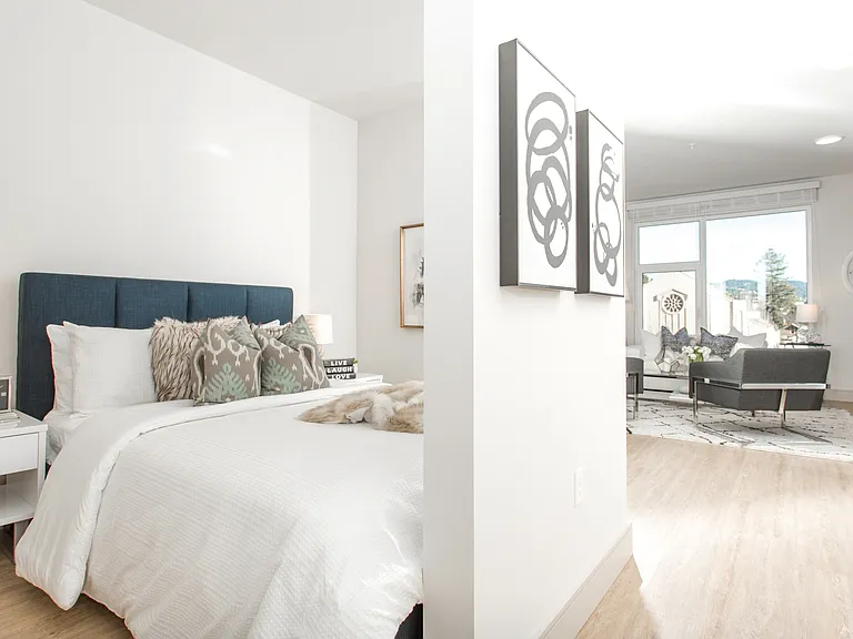Smart studio design with defined spaces and natural light throughout.