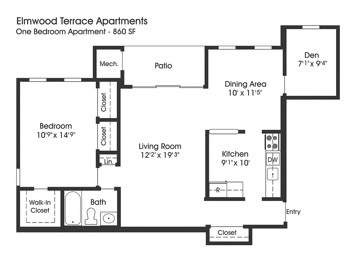 Floor plan 1BR 1BA (860sf)
