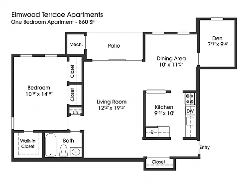 Floor plan 1BR 1BA (860sf)