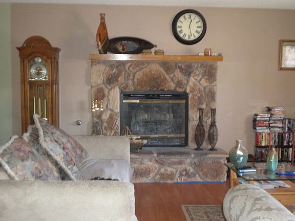 Family room with rock fireplace
