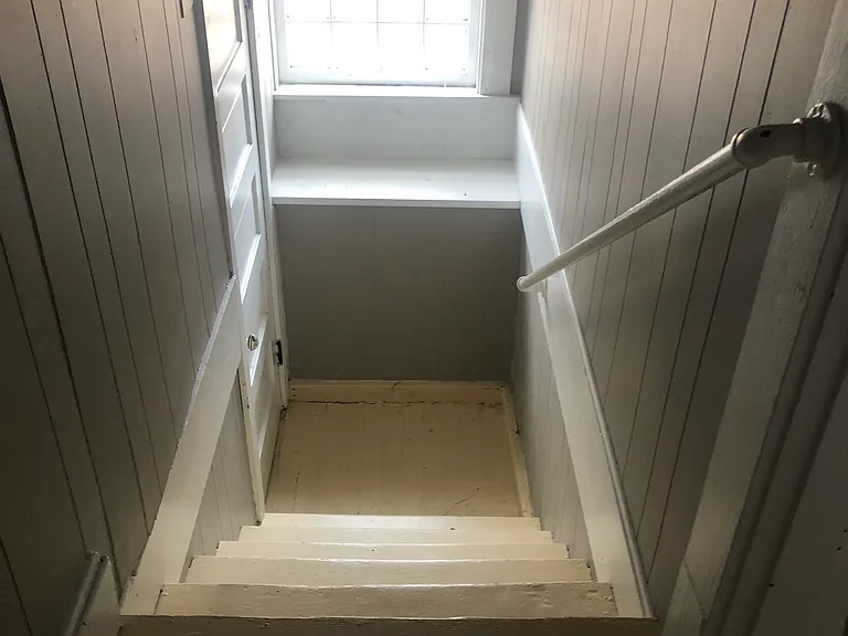 Interior stairs down to basement and shared laundry area _ good window for plants