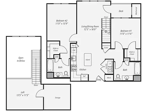 Floor plan 2 Bed/2 Bath Loft-B2L