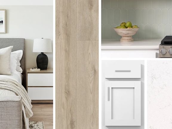 This home showcases the AW Collection Coastal design with crisp white cabinetry, modern blue tile ba