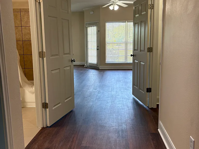 View from front door into the condo. Bedroom door is on the left as well as the bathroom door. Walk-in hall closet is on the right.