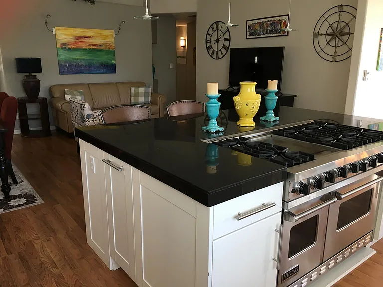 Kitchen to living area. 50" LG smart TV.