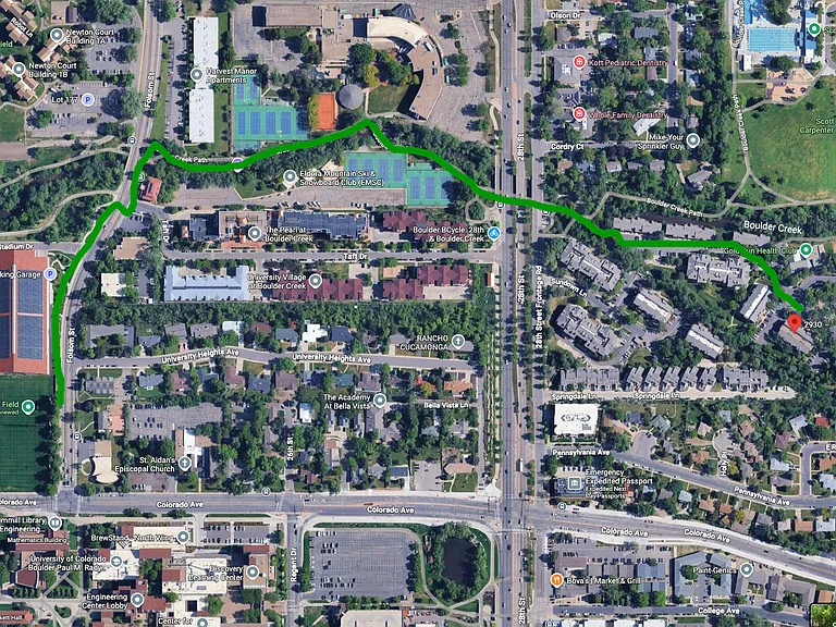 15 min walk or 10 min bike ride down Boulder Creek Path to campus. Also, a short walk to Buff Bus stop to campus.