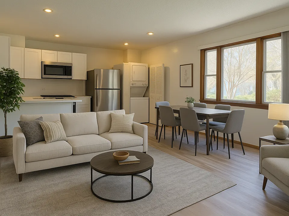"Image is digitally enhanced for visualization purposes only. Furniture and decor shown are virtual; the home is offered unfurnished."