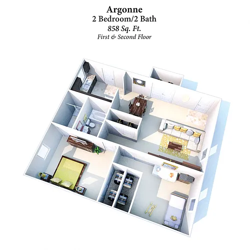 Floor plan 2B/2B Argonne 858 SqFt