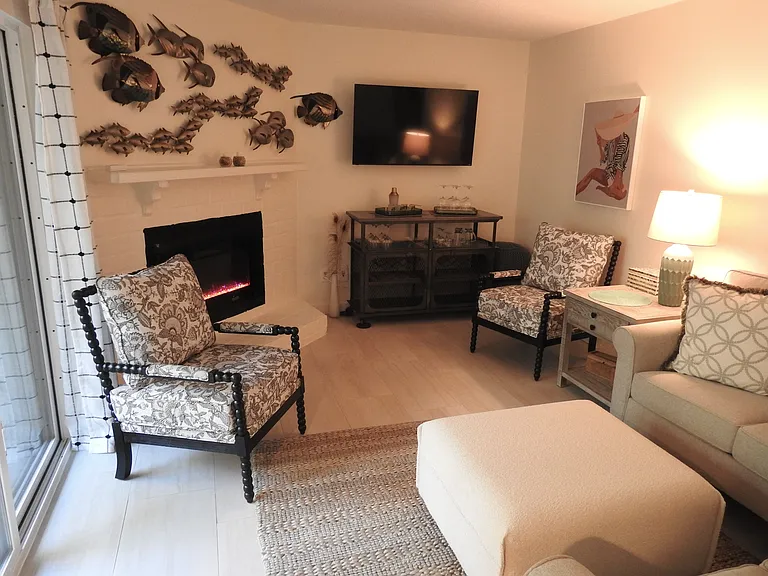 Living room featuring new remote controlled multi-colored electric fireplace.