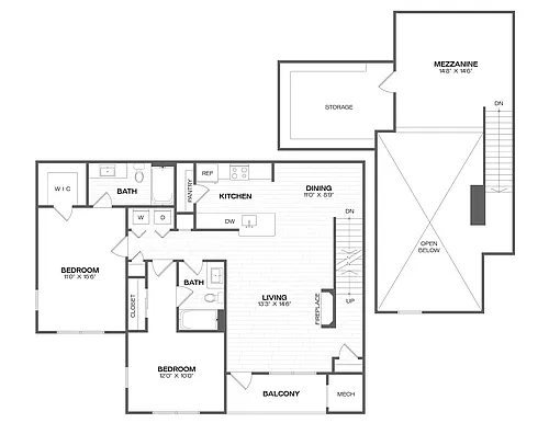 Floor plan 2 Bed/2 Bath Loft-B5L