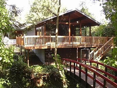 Rec Room looking over the creek.  A sturdy bridge takes you to the other side.