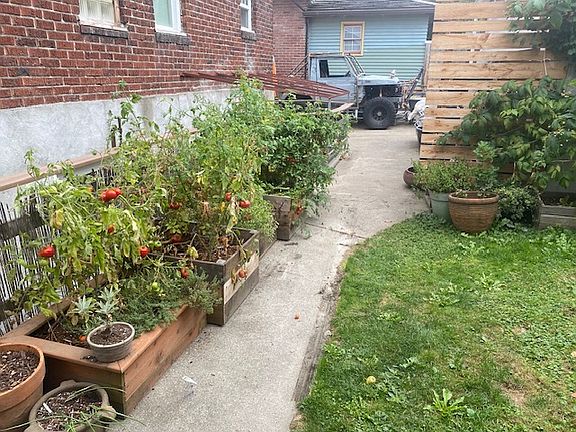 Looking East, South entrance to the Left behind garden plants.
