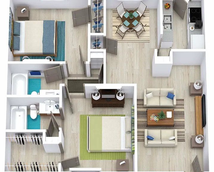 2 Bed 2 Bath 940 Floorplan Diagram