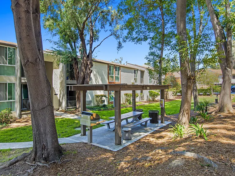 Tree-Lined Outdoor Dining Area at Veranda La Mesa in La Mesa, CA 91942