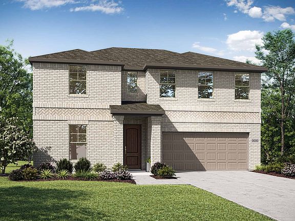 Elevation A is a two story modern inspired full brick home design with a herringbone brick detail. M