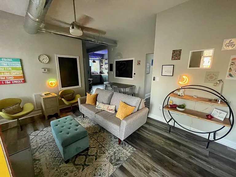 Light and industrial in design, our Common/ Dining Area is warm and inviting.