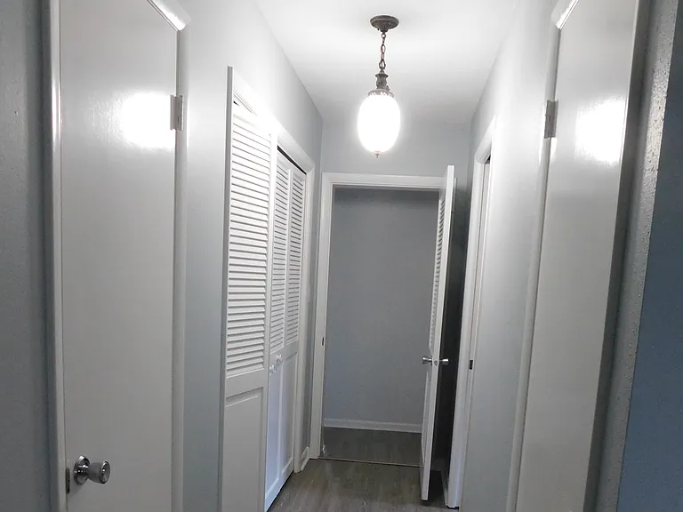 Exiting the master bedroom (going east), you have MORE closet space. Two closets on the left and one on the right. Light is streaming on the floor coming from the master bath. Exiting the door at the end gets you back to the family room.