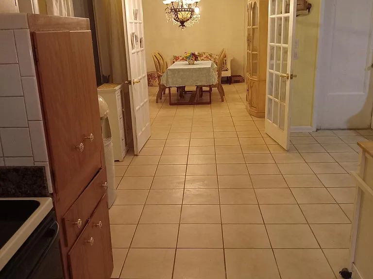 This is taken all the way back from the kitchen sink, looking into the dining room, with both French doors open. Very spacious, with lots of possibilities.