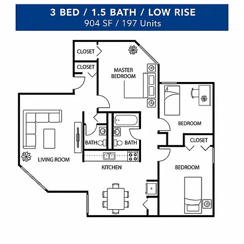 Floor plan 3 Bedroom 1.5 Bath Low Rise