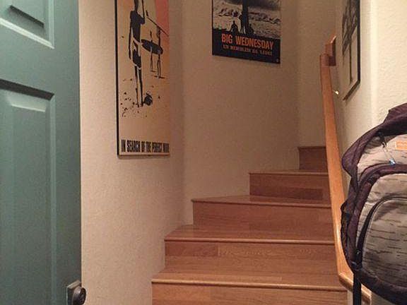 Harwood floors in the main area and stairs.