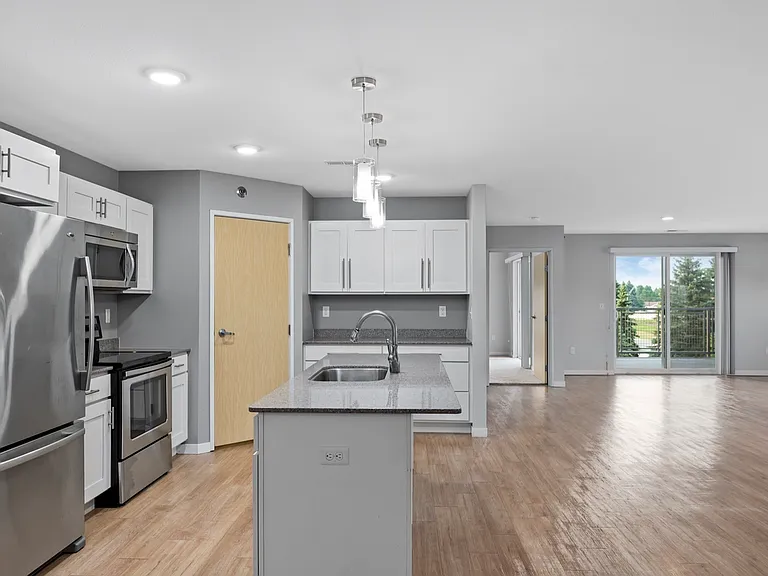 Modern open-concept kitchen and living room with sleek stainless steel appliances, hardwood floors, and natural light from sliding glass doors. Modern open-concept kitchen and living room with sleek stainless steel appliances, hardwood floors, and natural