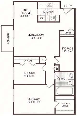 Floor plan 2 Bedroom - 1 Bath