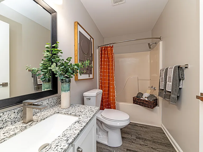 Bright bathroom with granite counters high-rise sink faucet