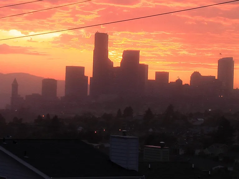 Zoomed view of Downtown Seattle sunset.