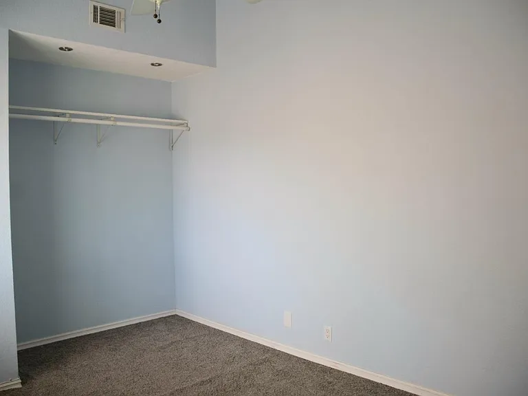 bedroom one has open closet and high ceiling