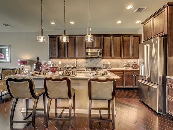 Kitchen with pendant lights over island