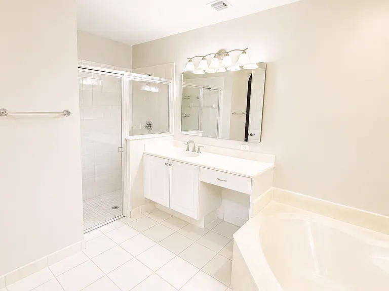 Master bathroom with a walking shower and a bathtub