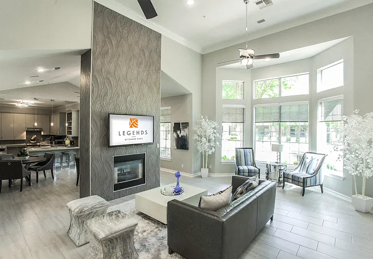 Resident Clubhouse with Seating Area and Fireplace