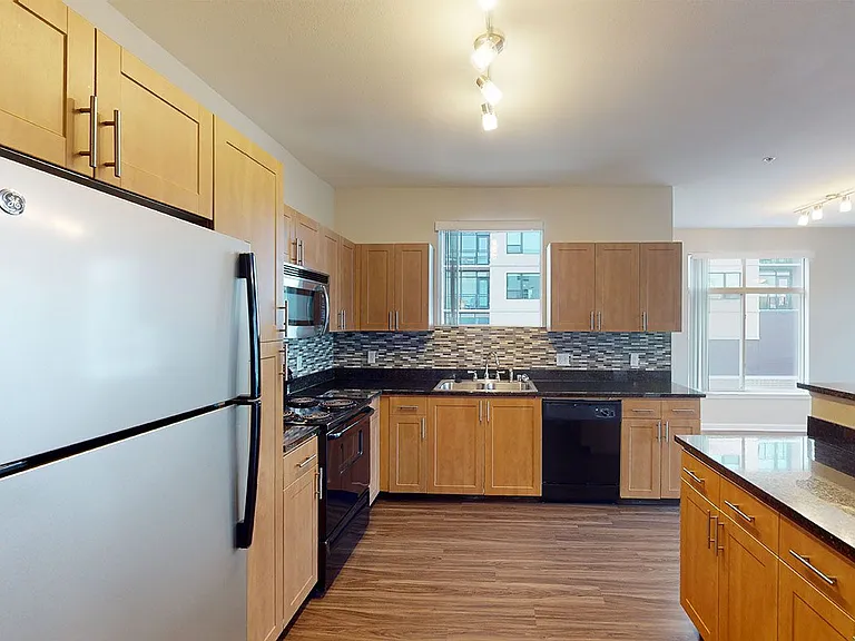Apartment kitchen with granite countertops and wood-style flooring.