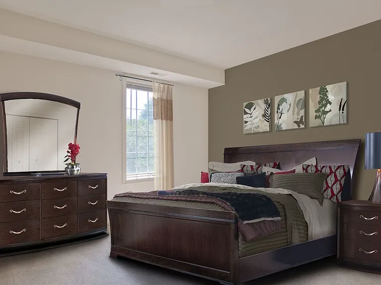 Carpeted bedroom with accent wall