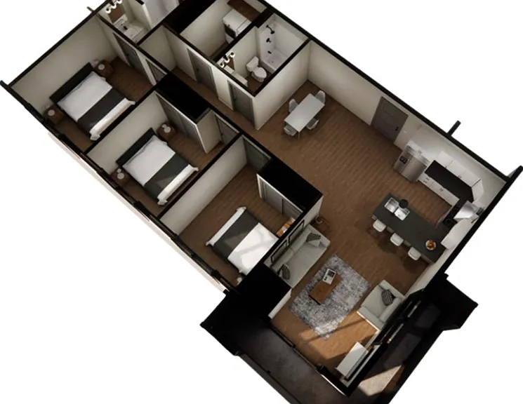 Explore the spacious design of this modern apartment with three bedrooms and an inviting living space. Explore the spacious design of this modern apartment with three bedrooms and an inviting living space.