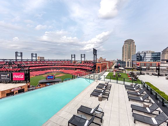 Direct Views Into Busch Stadium from the rooftop infinity pool at One Cardinal Way Luxury Apartments